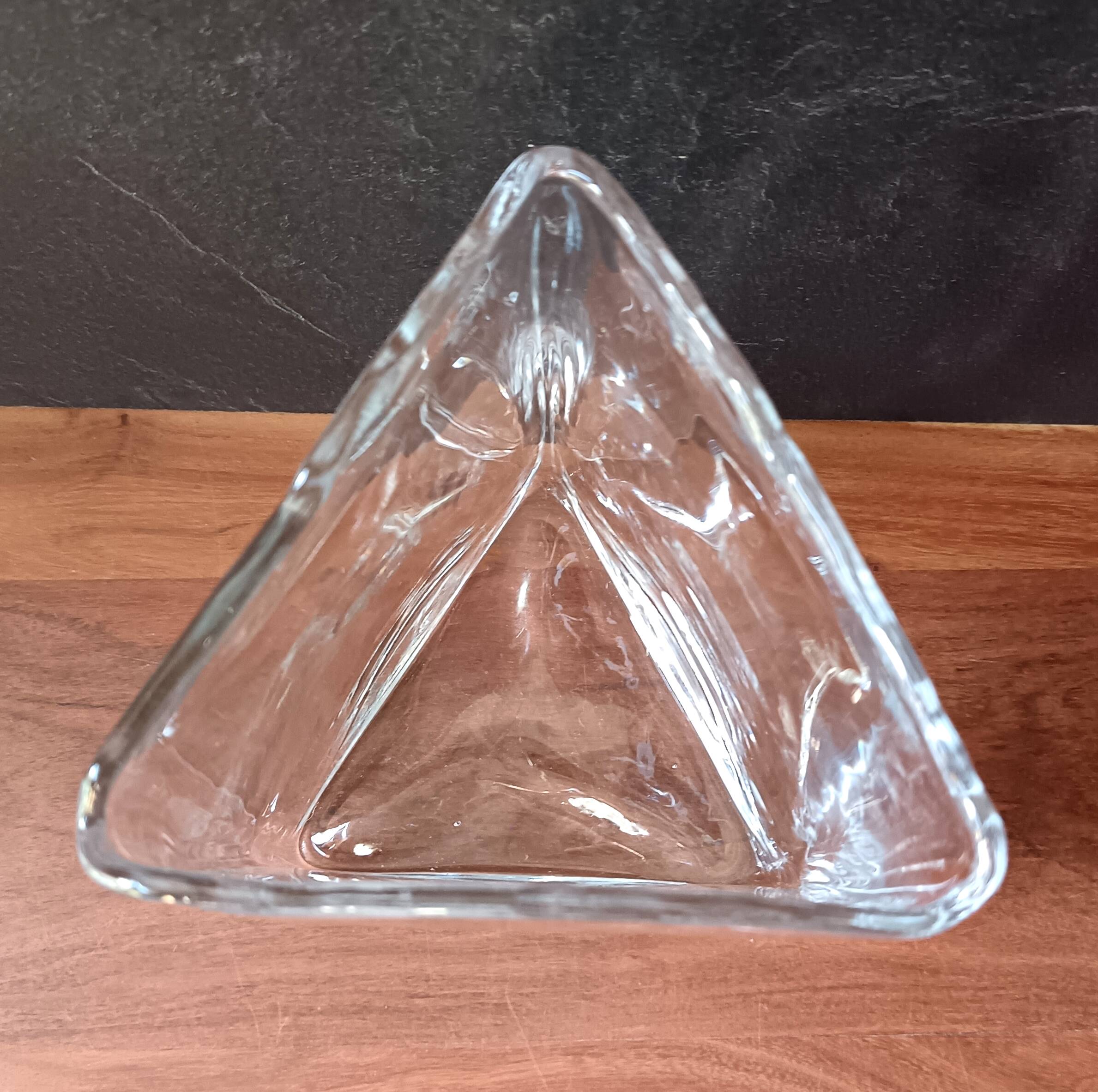 Large vintage crystal triangular transparent vase