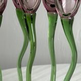 Set of 6 blown glass champagne glasses, green twisted feet