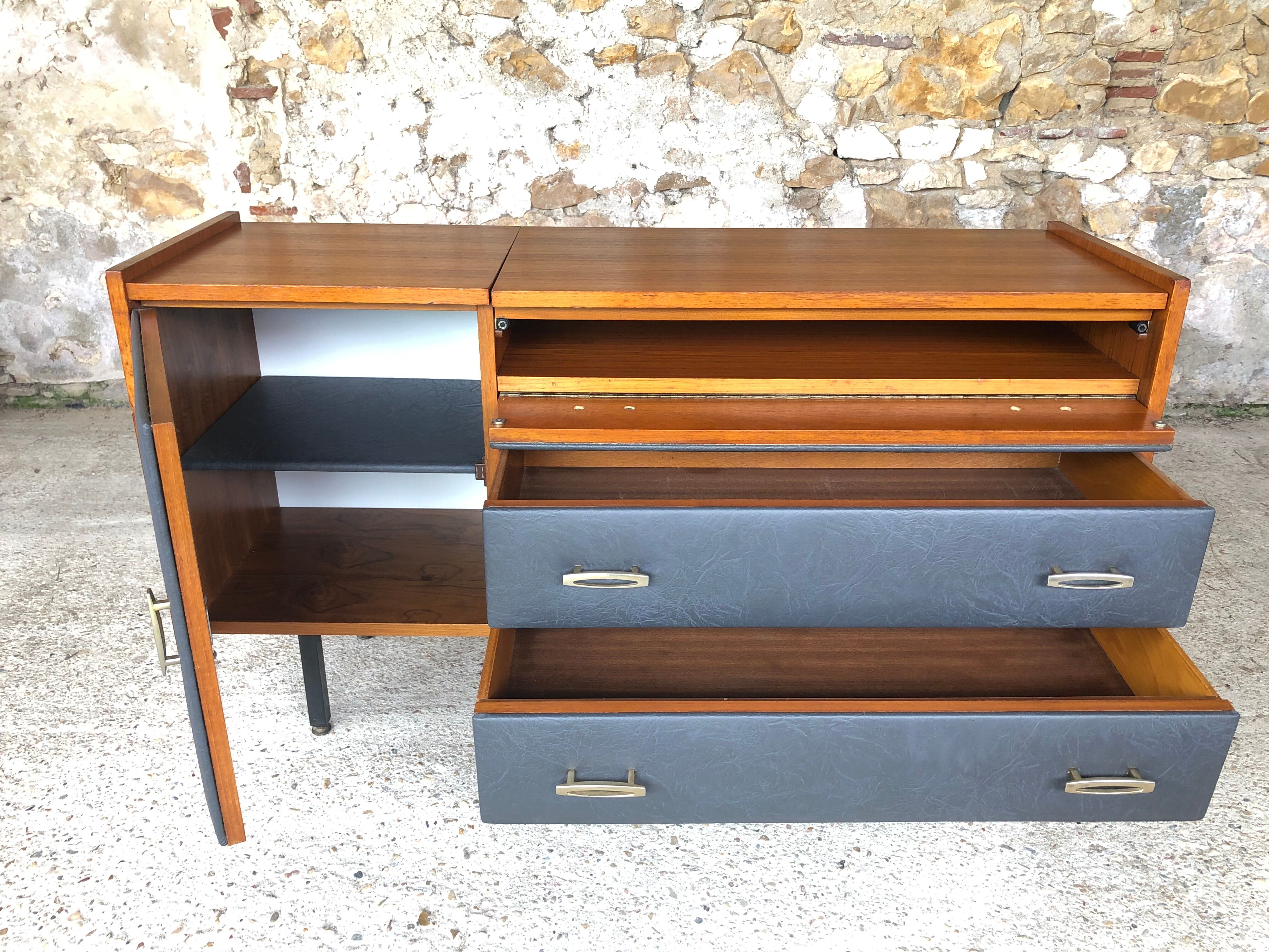 Vintage modular chest of drawers in teak and grey skaï, circa 60's