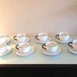 Set of eight white porcelain cups with blue edging / vintage 70s-80s