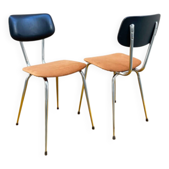 Pair of vintage 70s chairs – chrome, black leatherette & velvet seats