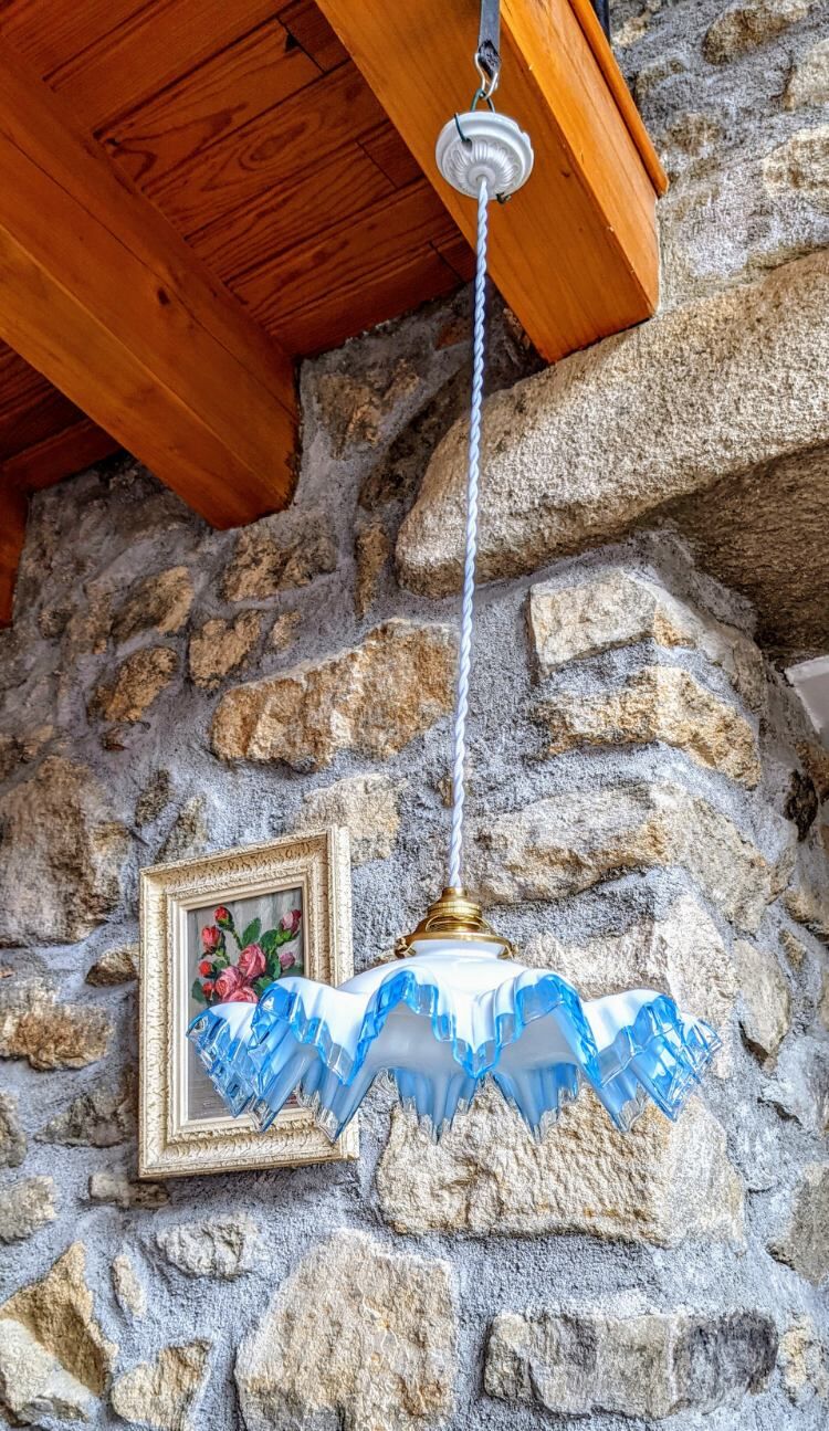 Old French suspension lamp in corrugated opaline glass gradient blue
