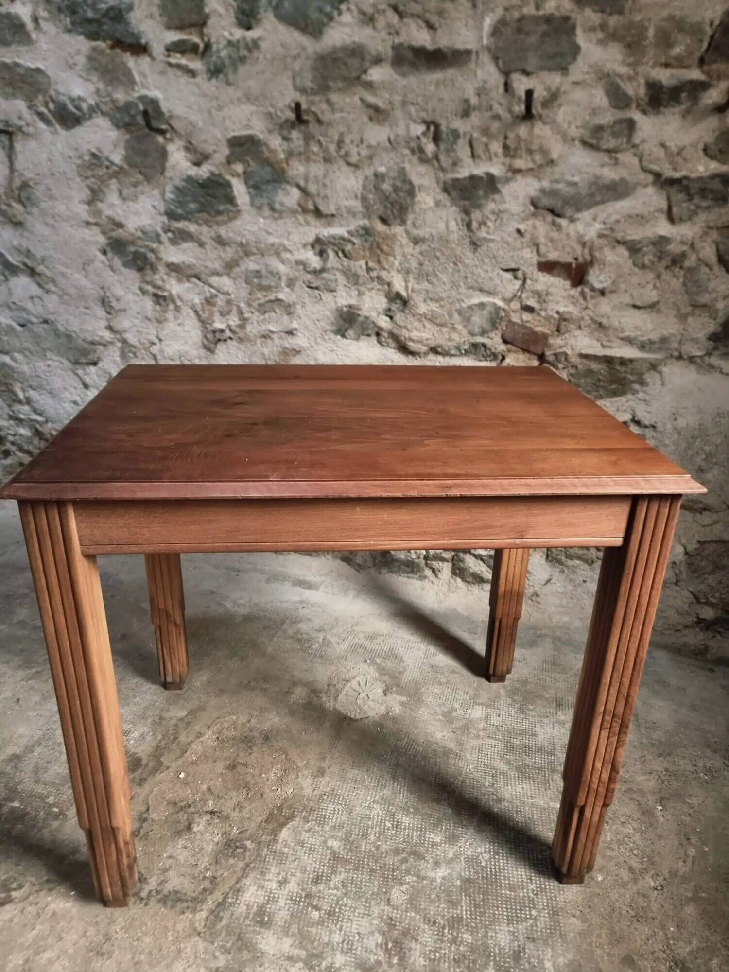 Vintage French walnut writing desk, 1950s Art Deco style, table with drawer, compact desk or side table
