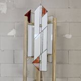 Pine wood floor lamp with handmade stained glass in Japandi style.