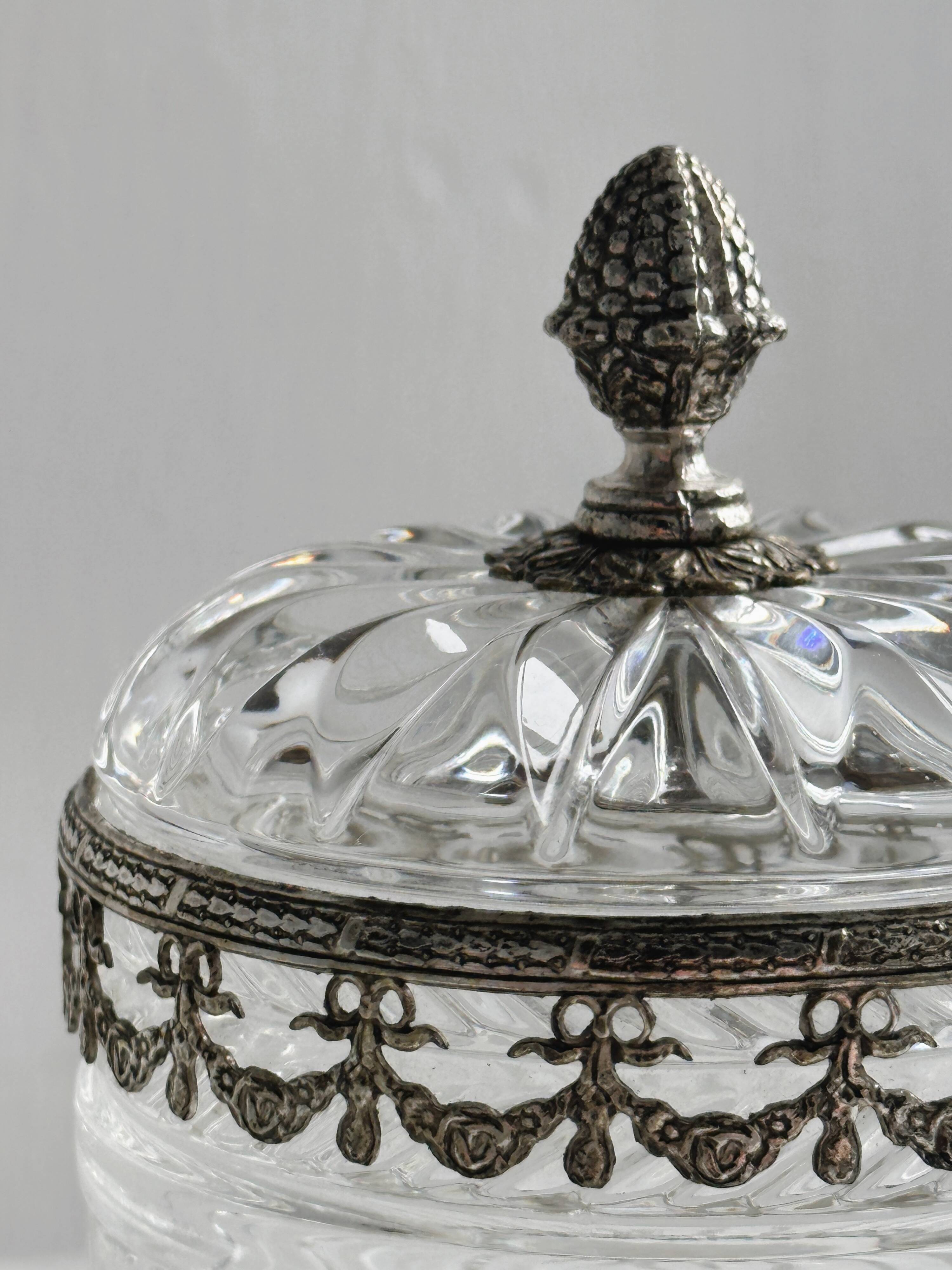 Condiment pot, crystal and metal sugar bowl.