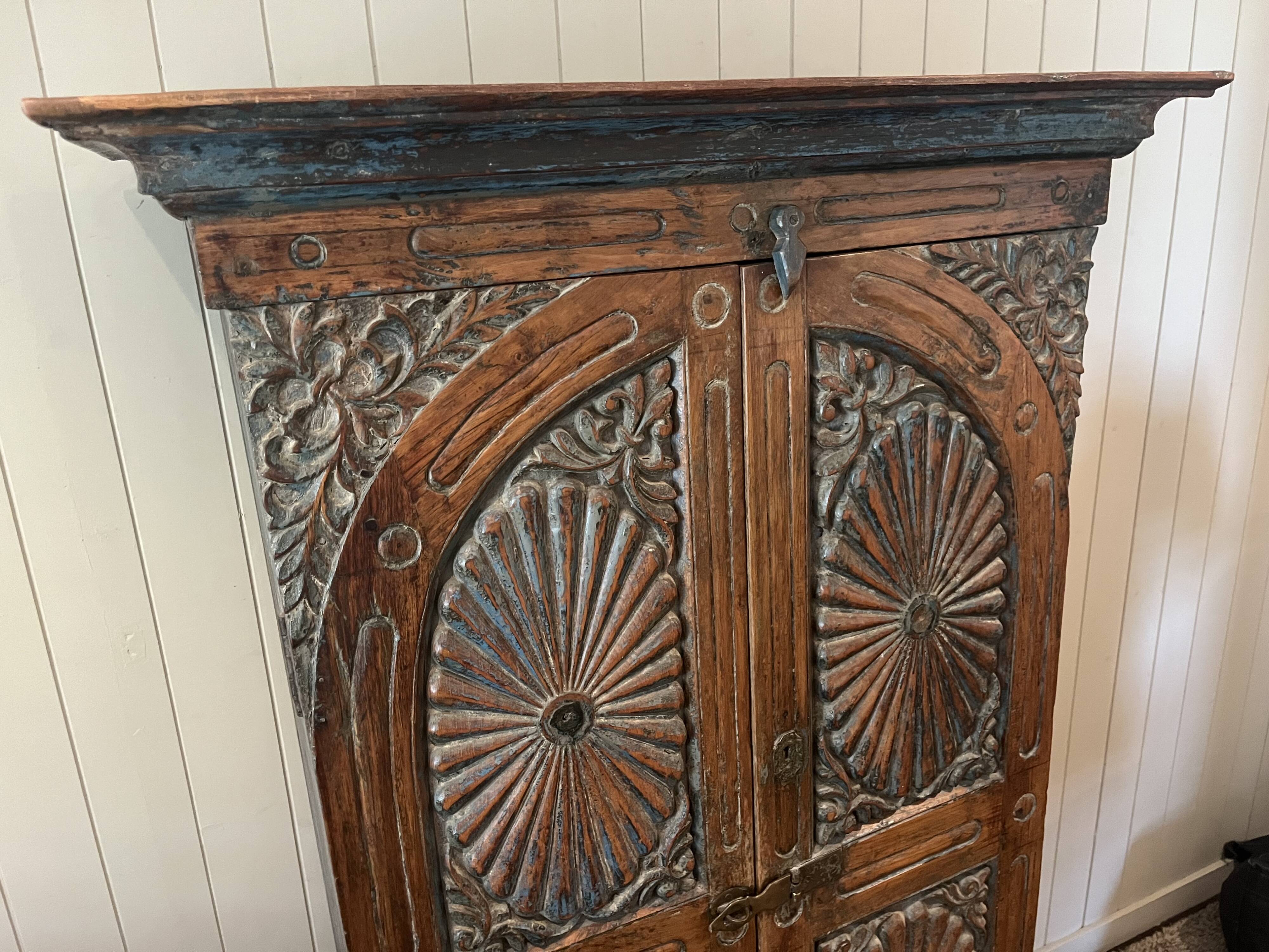 Antique fabric wardrobe from Rajasthan - solid teak