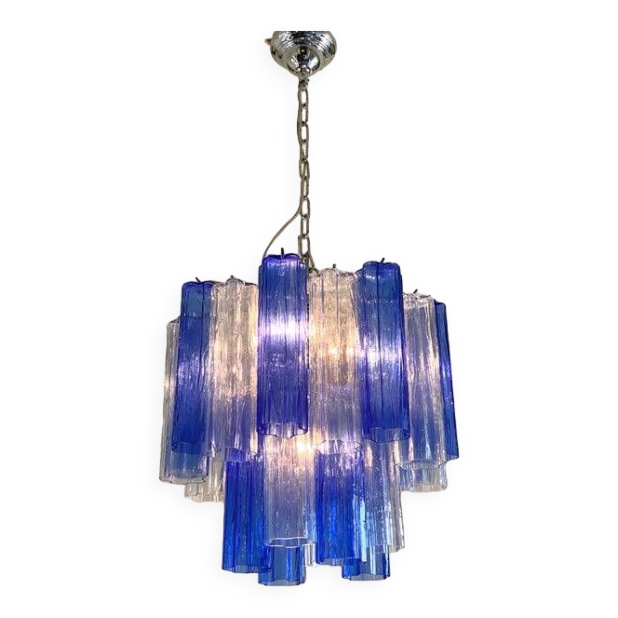 Contemporary sky- blue and blue "tronchi" murano glass sputnik chandelier