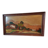 Wooden table, varnished painting signed Clavere.