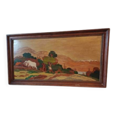 Wooden table, varnished painting signed Clavere.
