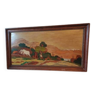 Wooden table, varnished painting signed Clavere.