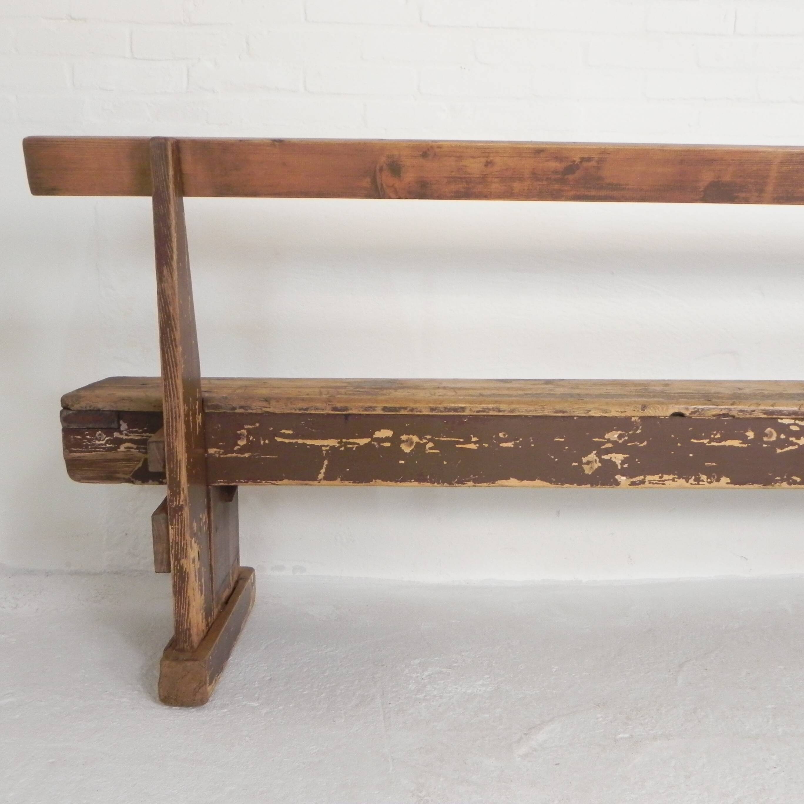 Pine bench with backrest, 2.5 metres long, 1950s.