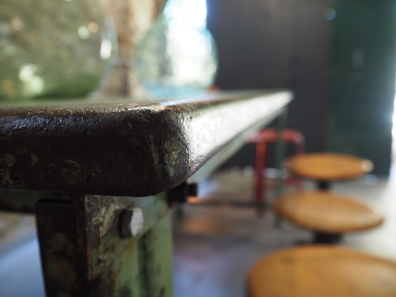 Green patinated metal workshop table 1950