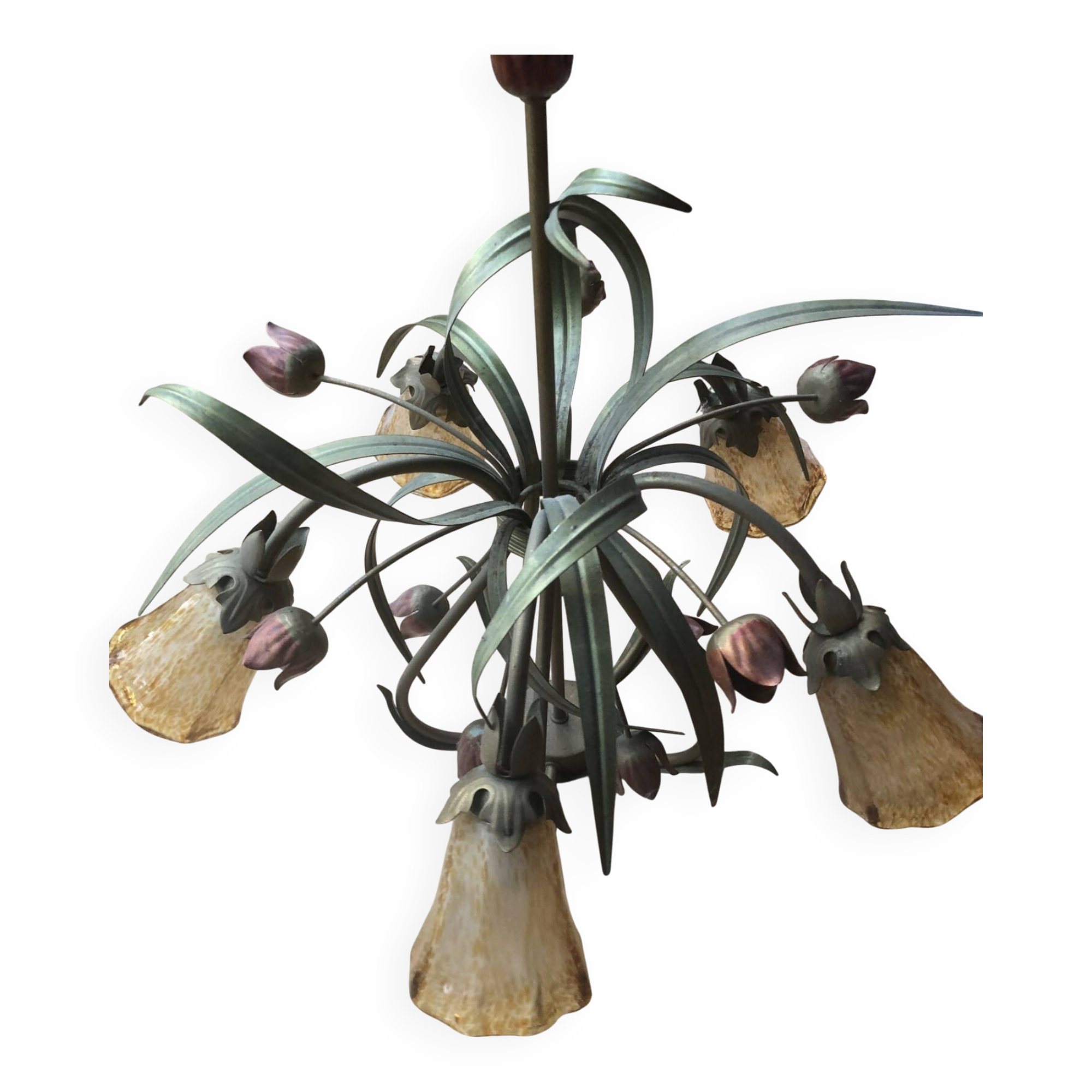 Antique Art Deco metal chandelier with a tinted glass shade.