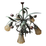 Antique Art Deco metal chandelier with a tinted glass shade.