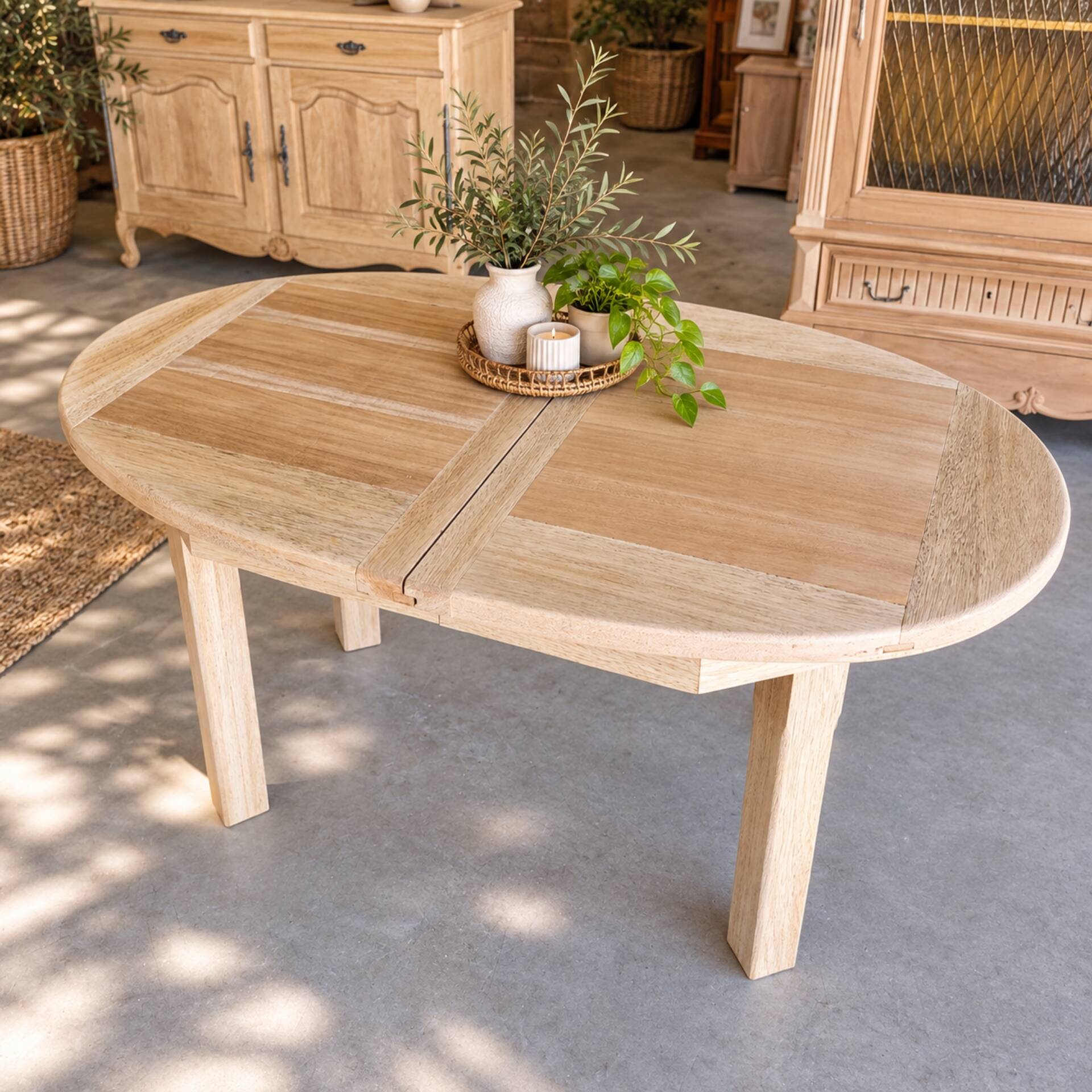 Oval wooden table – 2 extensions – sandblasted & varnished