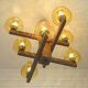 Large Vintage Rustic Wooden Chandelier Amber Glass shades Carved Wood 1980