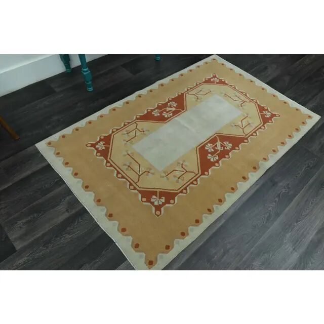 1970s Vintage Turkish Oushak Handmade Wool Cotton Orange Area Rug  116x178