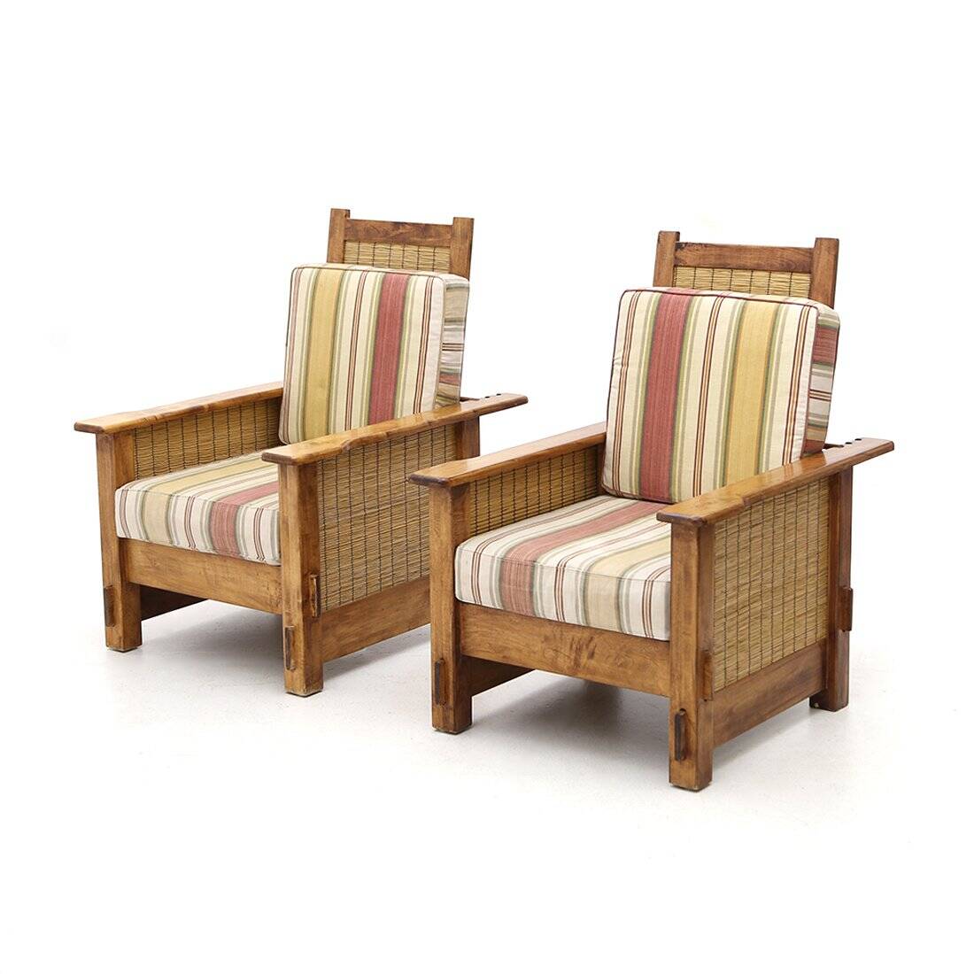 Set of South African colonial armchairs in wood and straw, 1980s.