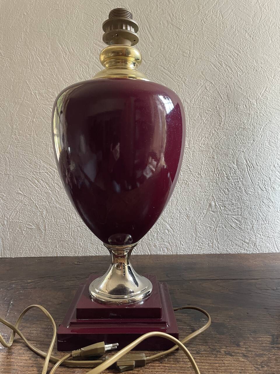 Large burgundy ceramic and brass table lamp