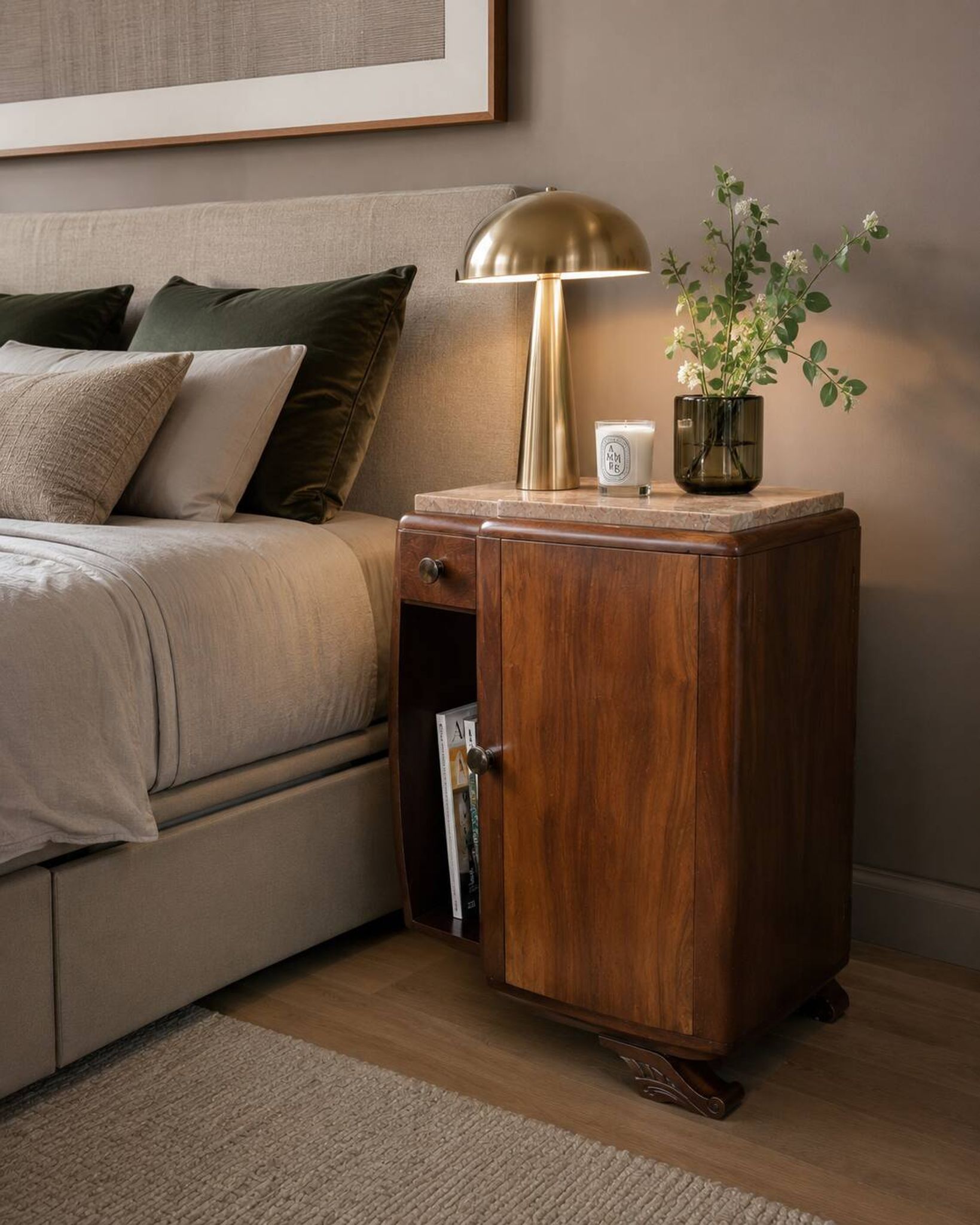 Art Deco bedside table in flamed walnut, marble top – 1930s
