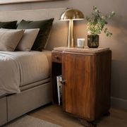 Art Deco bedside table in flamed walnut, marble top – 1930s