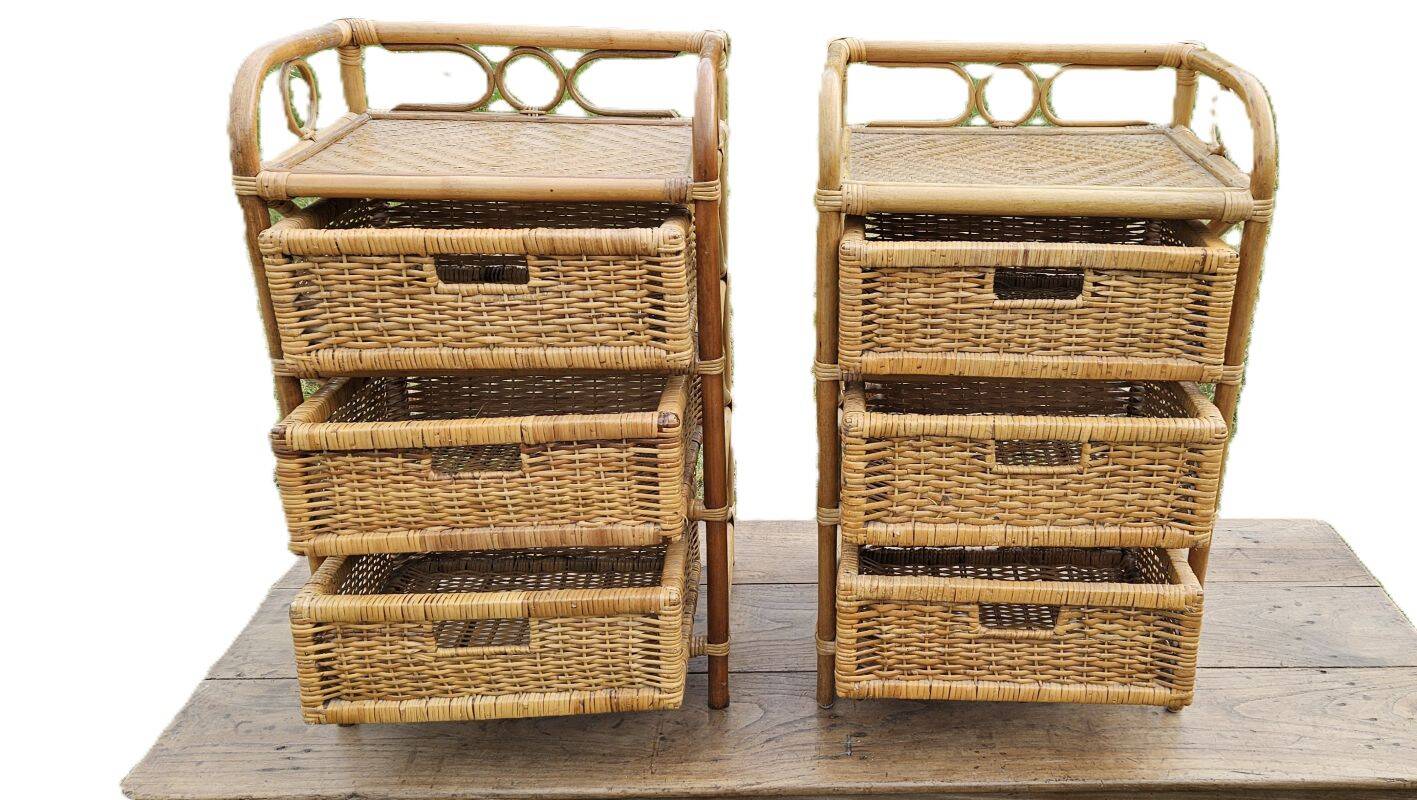 2 vintage bamboo and rattan bedside tables from the 1970s