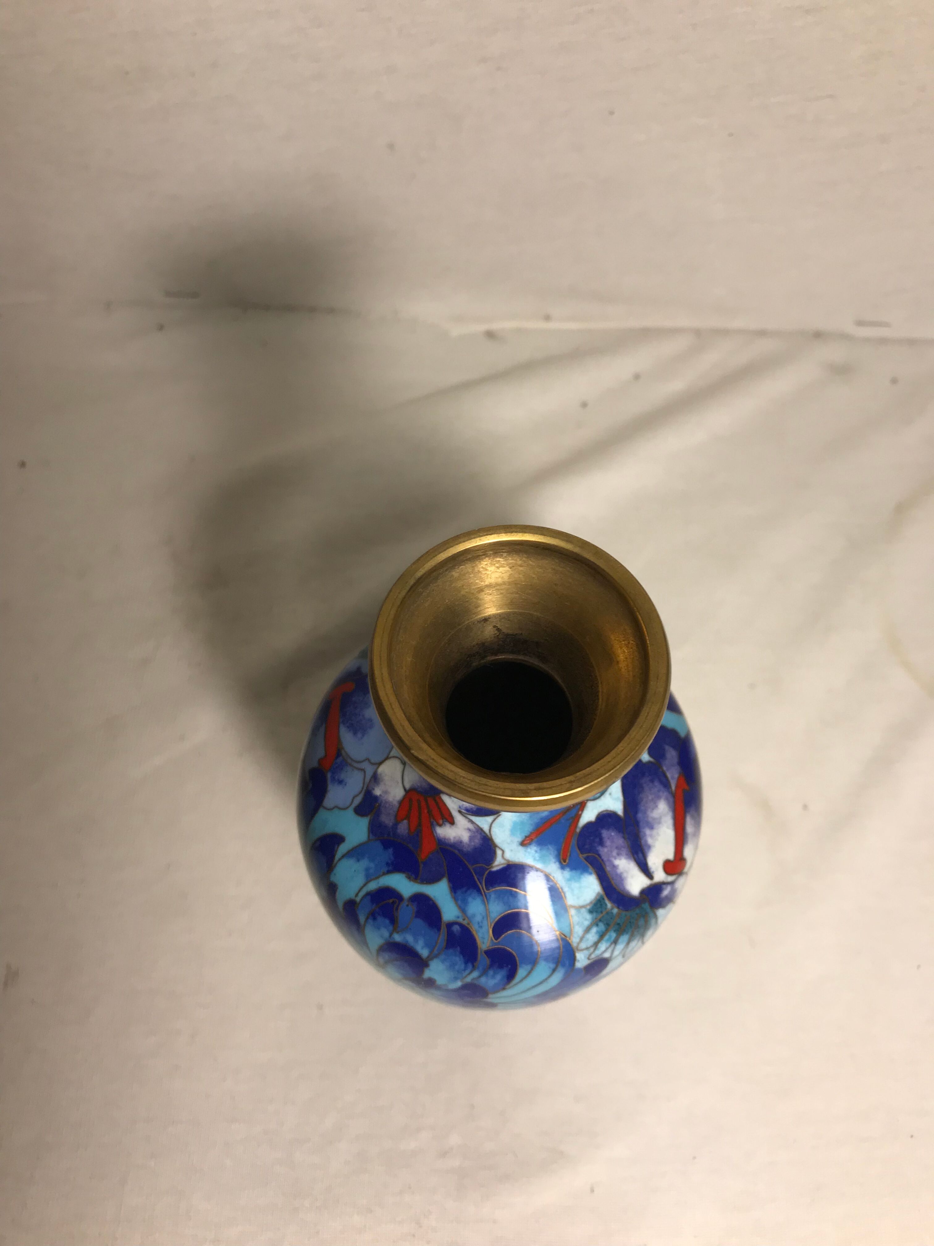 Old brass enameled flowers drawings cloisonné Vase Decoration Vintage