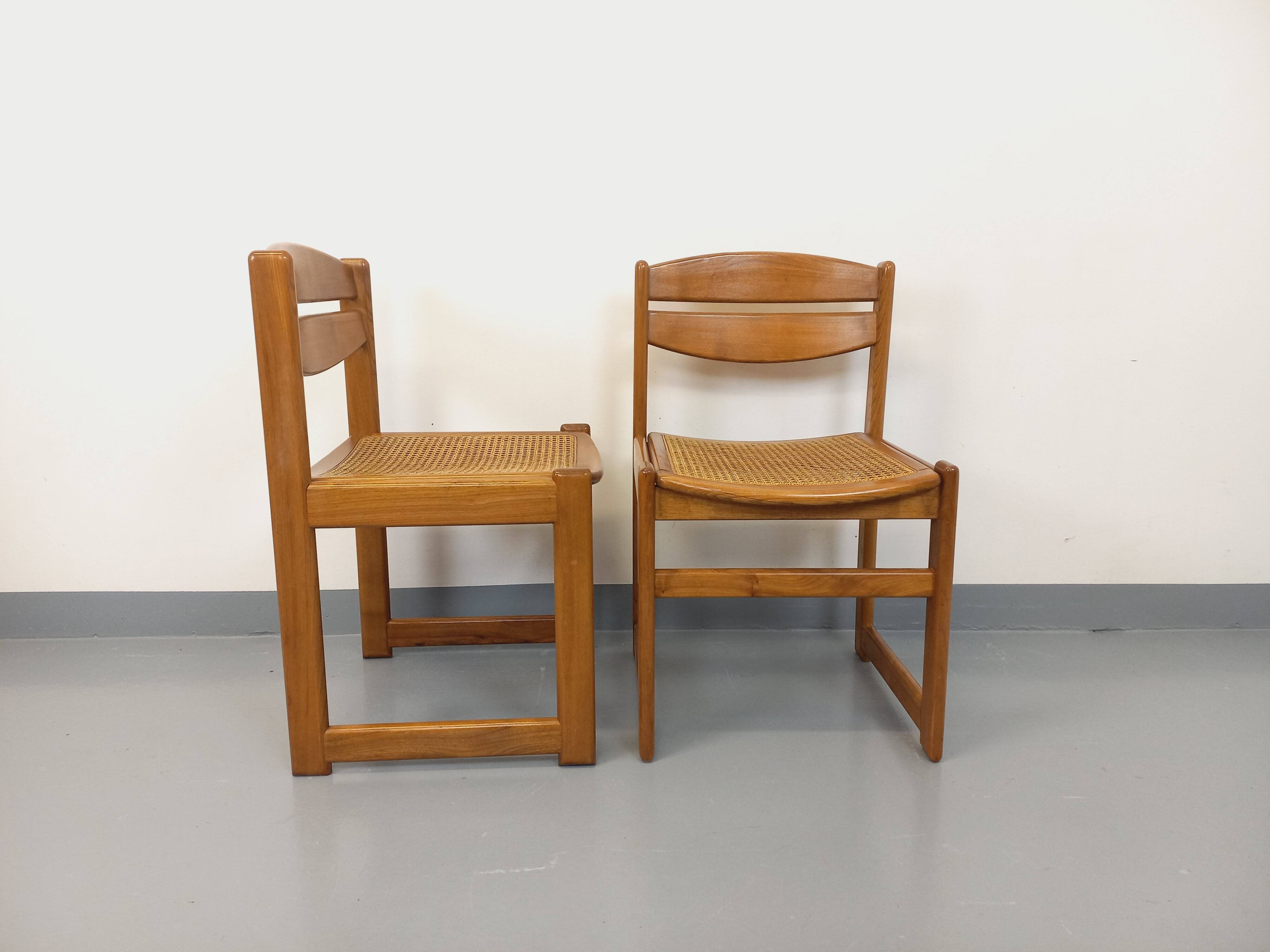 Pair of vintage sleigh chairs in beech wood and cane from the 70s