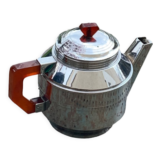 Chromed metal teapot and vintage Bakelite handles