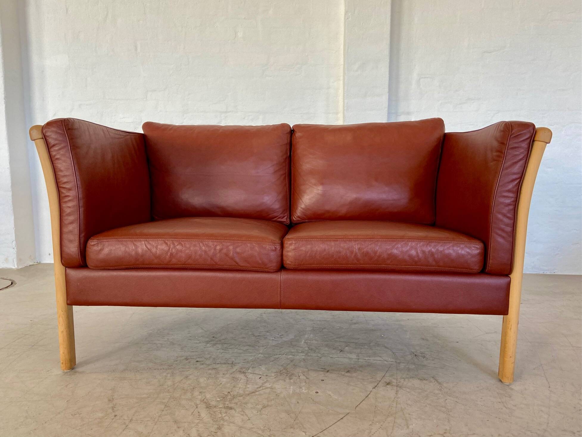 VINTAGE DANISH MID CENTURY DARK COGNAC LEATHER 2 SEATER STOUBY SOFA
