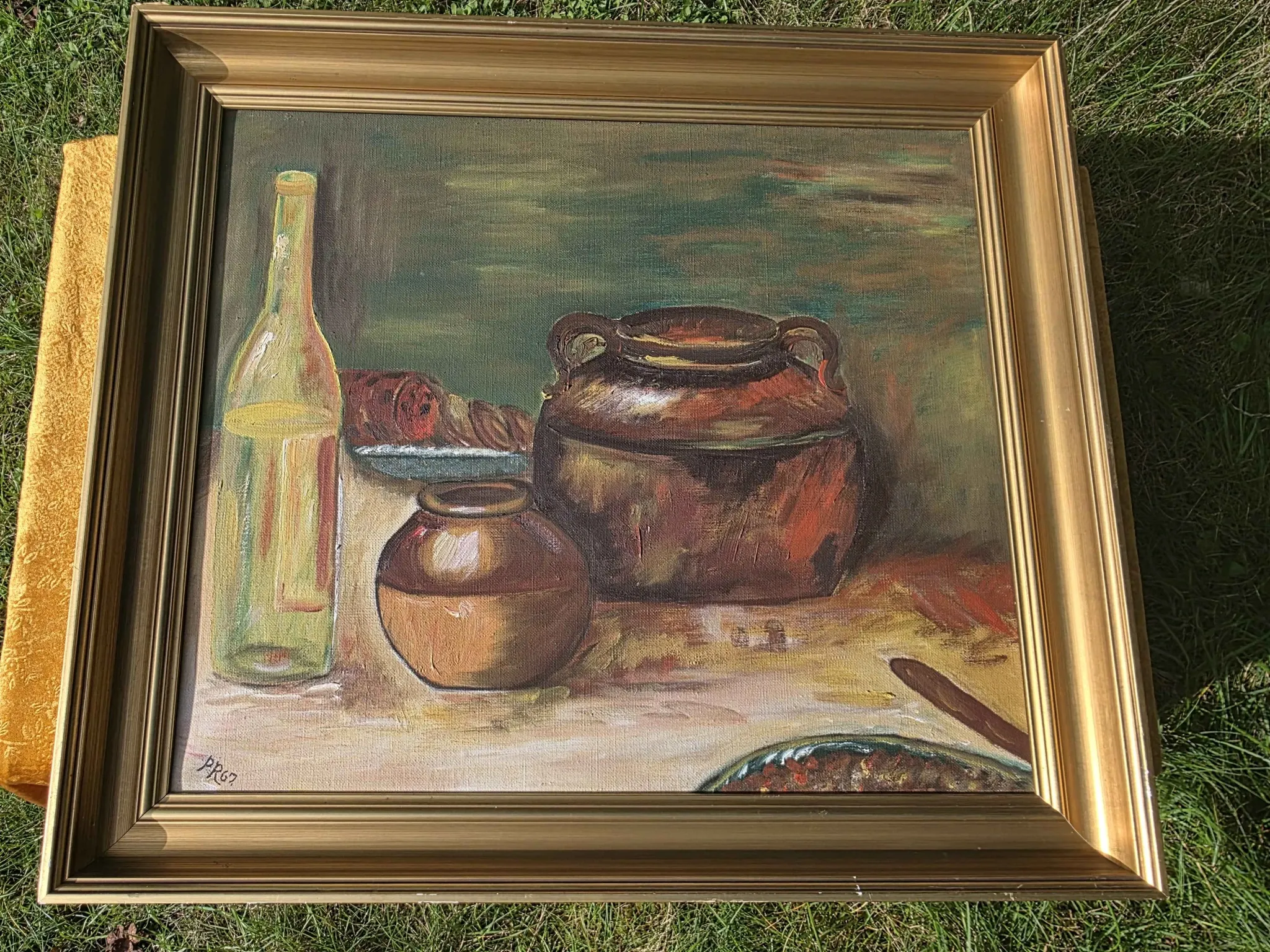 Peinture à l'huile de pot en cuivre de cuisine rustique - 1962