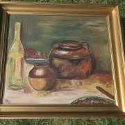 Peinture à l'huile de pot en cuivre de cuisine rustique - 1962