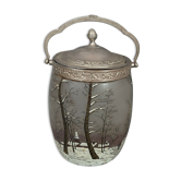Ancien biscuitier en verre émaillé décor paysage vosgien de Legras, vers 1900