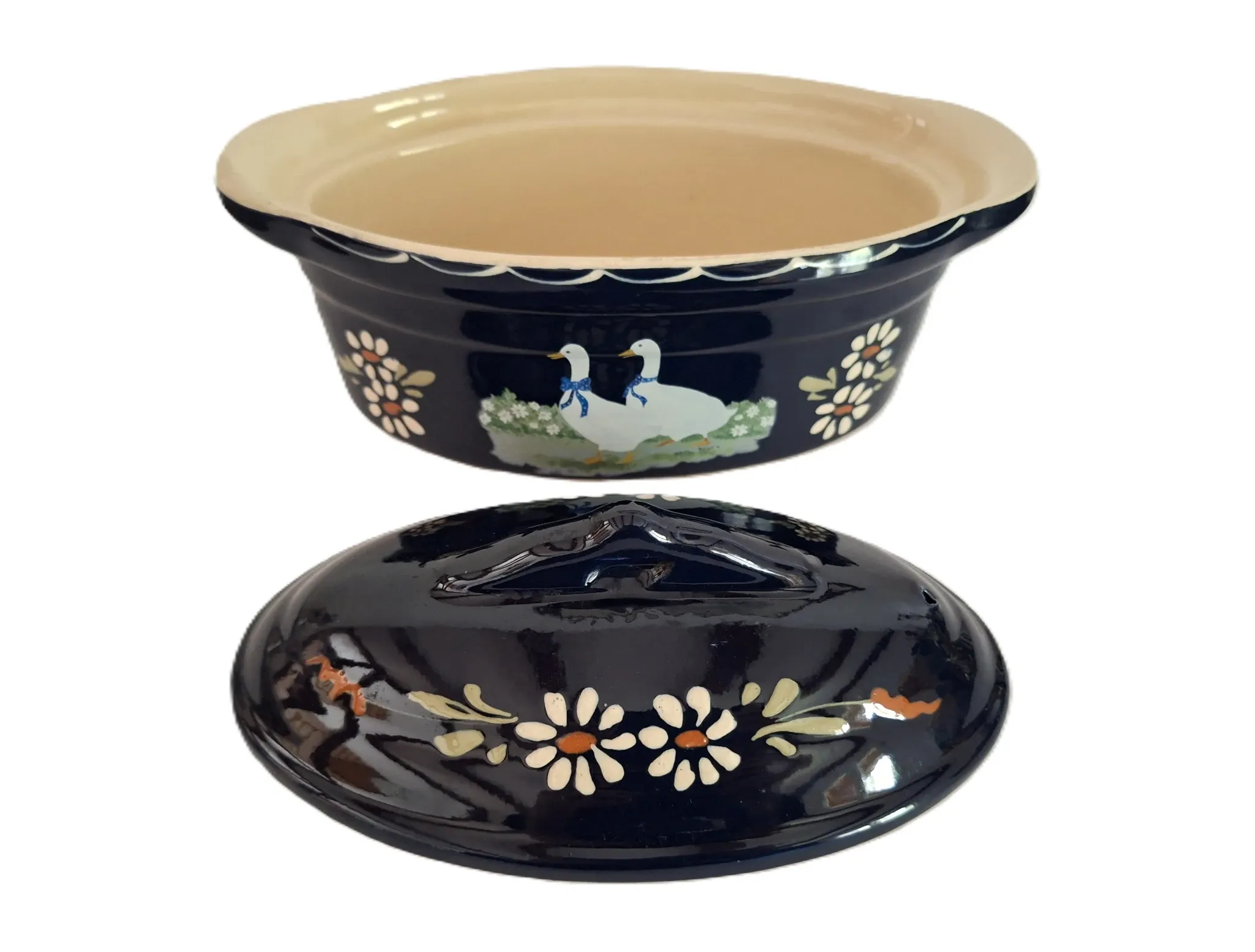 Blue terrine in handcrafted pottery from Alsace, hand-painted.