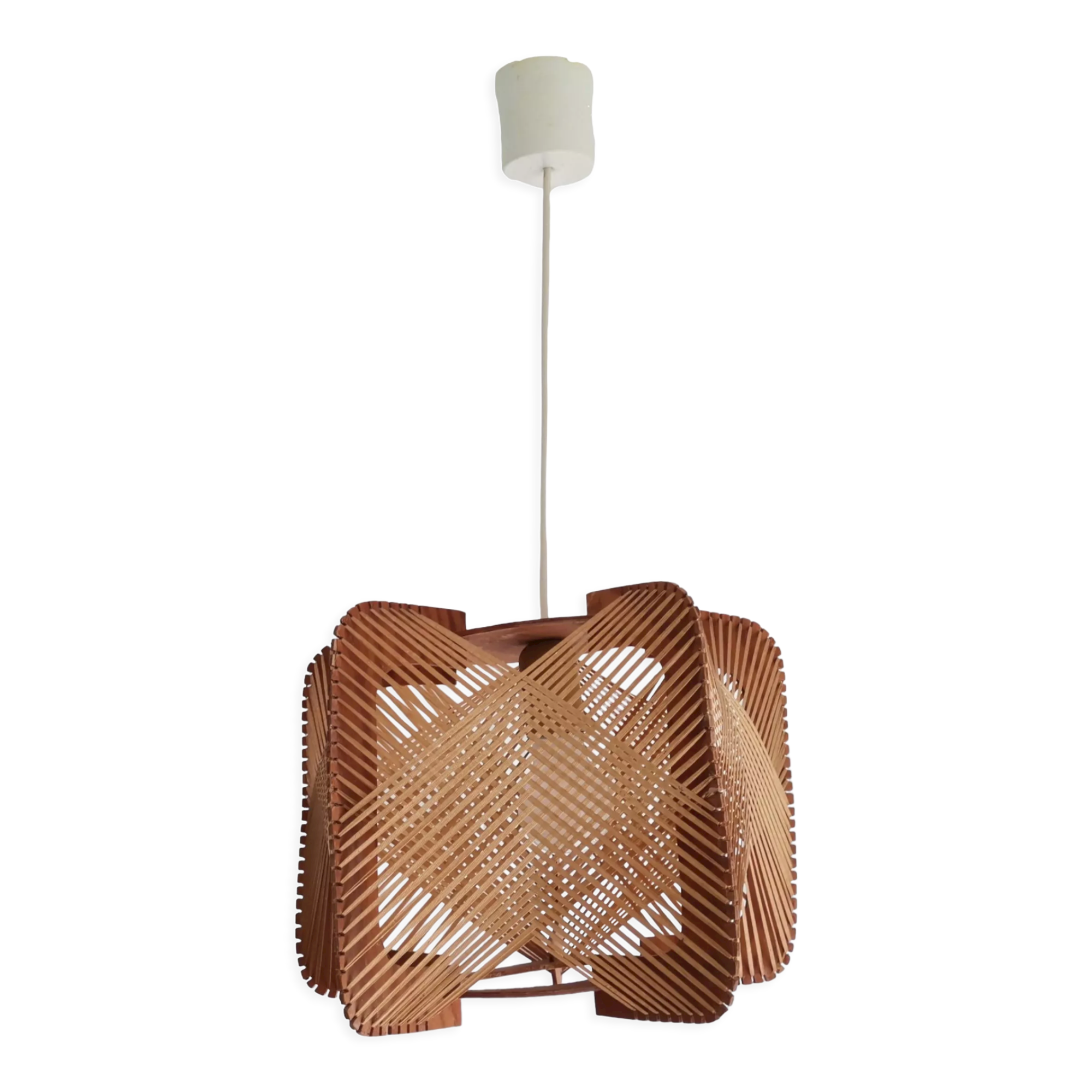 Vintage 60s wooden wood straw hanging lamp