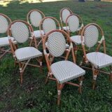 Set of 8 Parisian rattan bistro chairs braiding green and ecru
