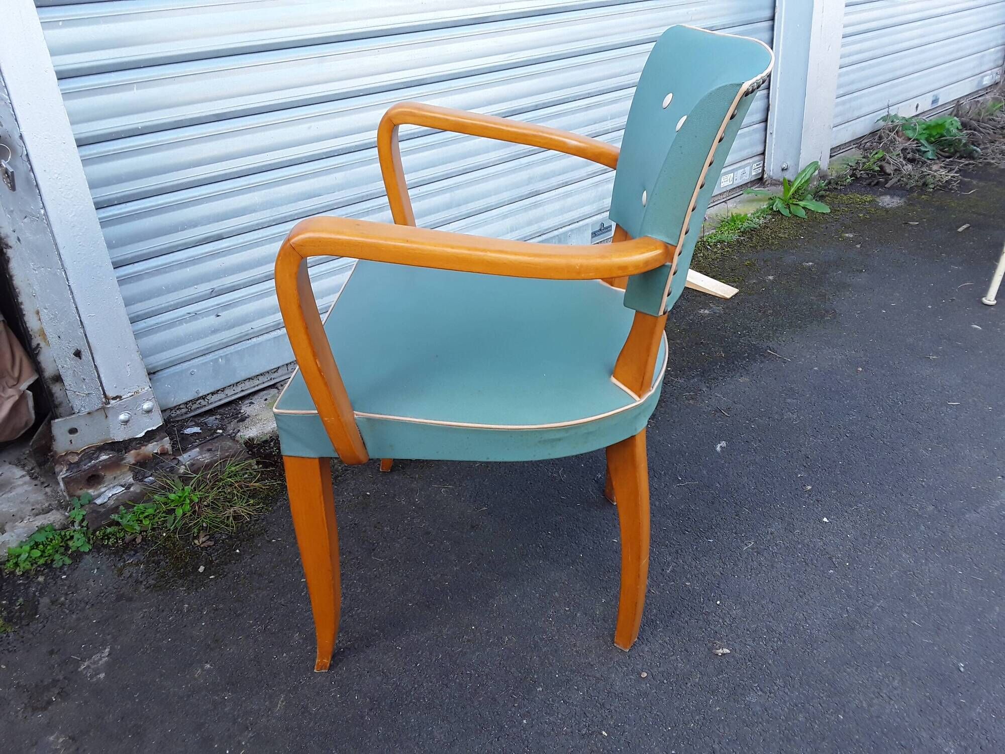 1940s bridge armchair with 3 white buttons and English green vinyl backrest