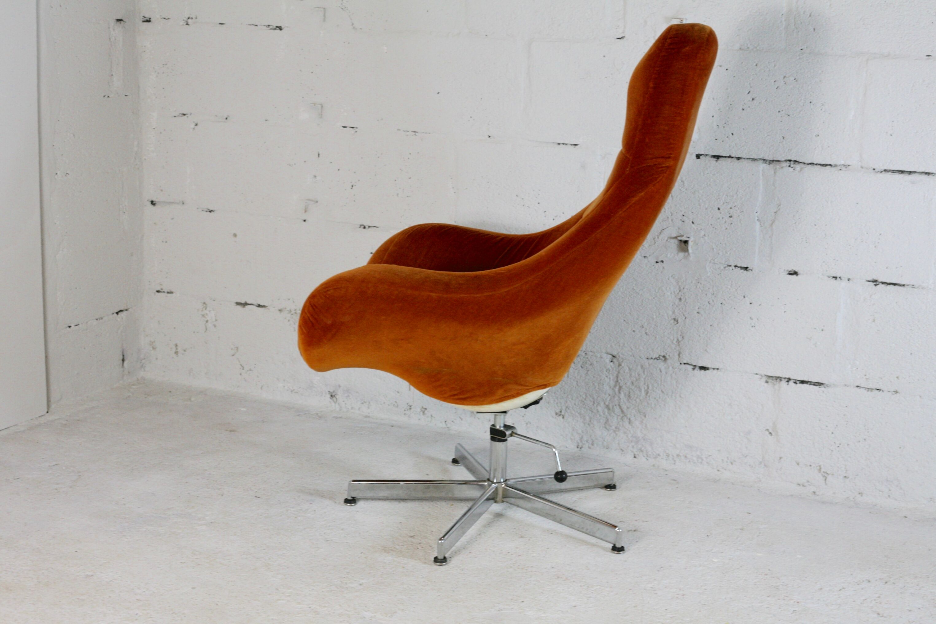 Space age chair, fiberglass, orange velvet, circa 1970s