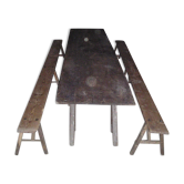 Table plateau rustique à 3 tréteaux et 2 bancs, 4 mètres de long