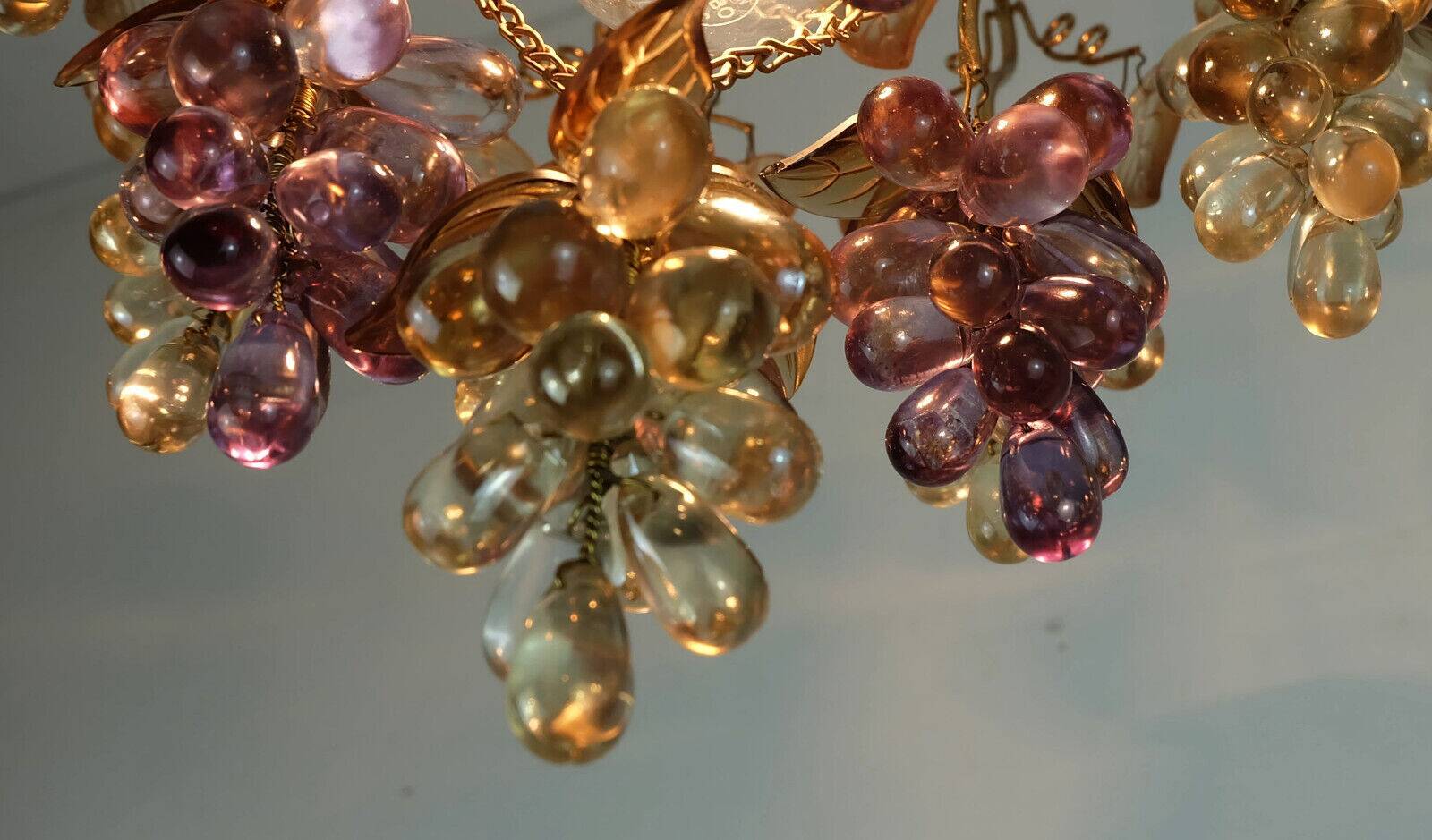 Very rare palwa mid century chandelier 1970s crystal glass and gilt brass grapes and leaves