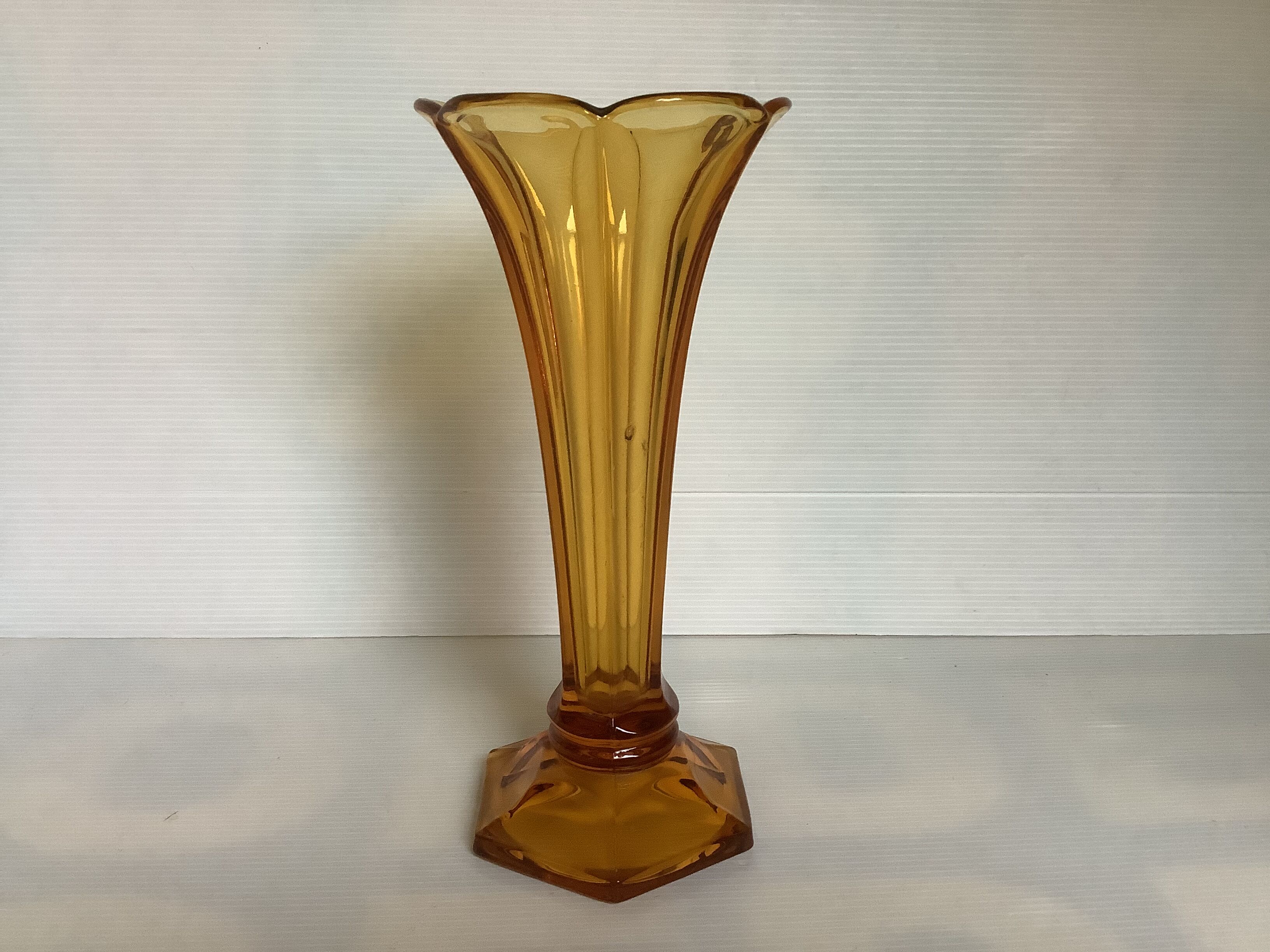 Old flower-shaped vase, moulded yellow glass, Art Deco.