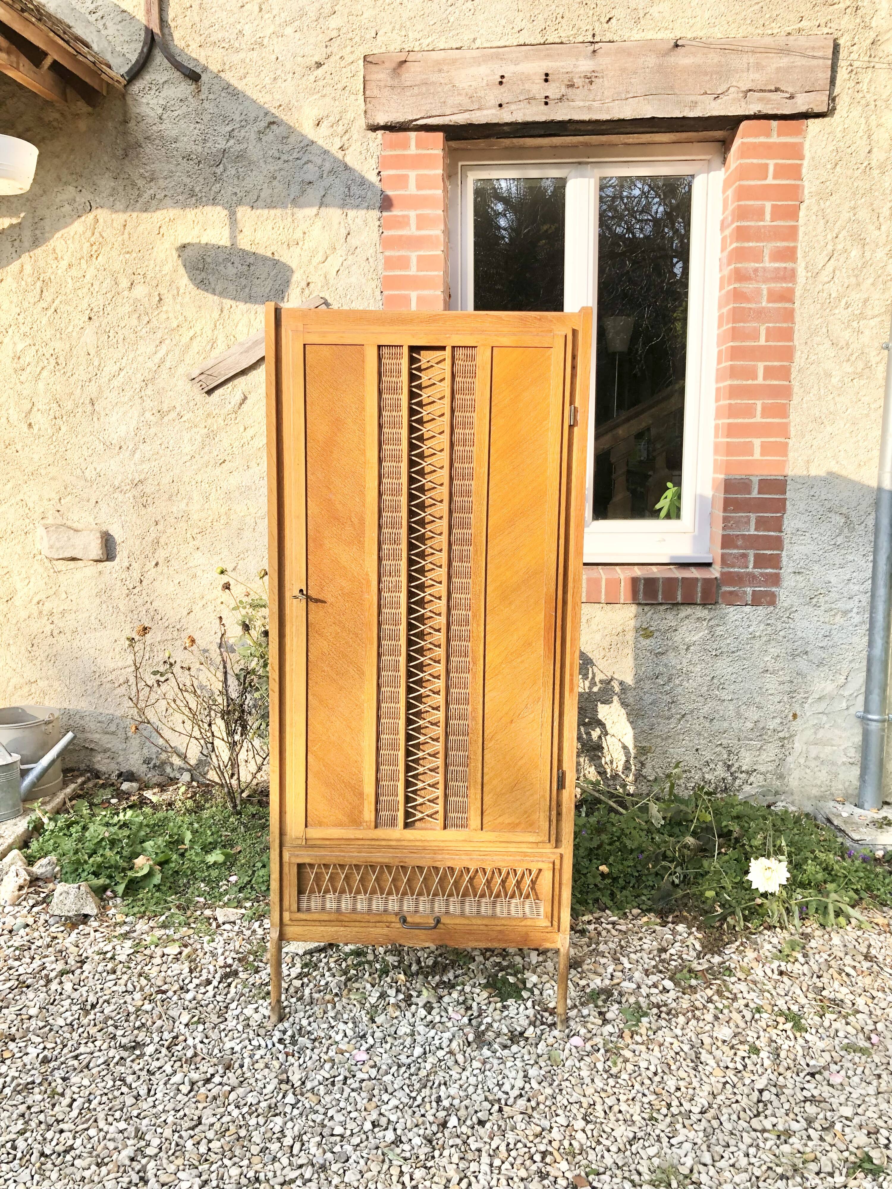 Chest of drawers wood and rattan cabinet