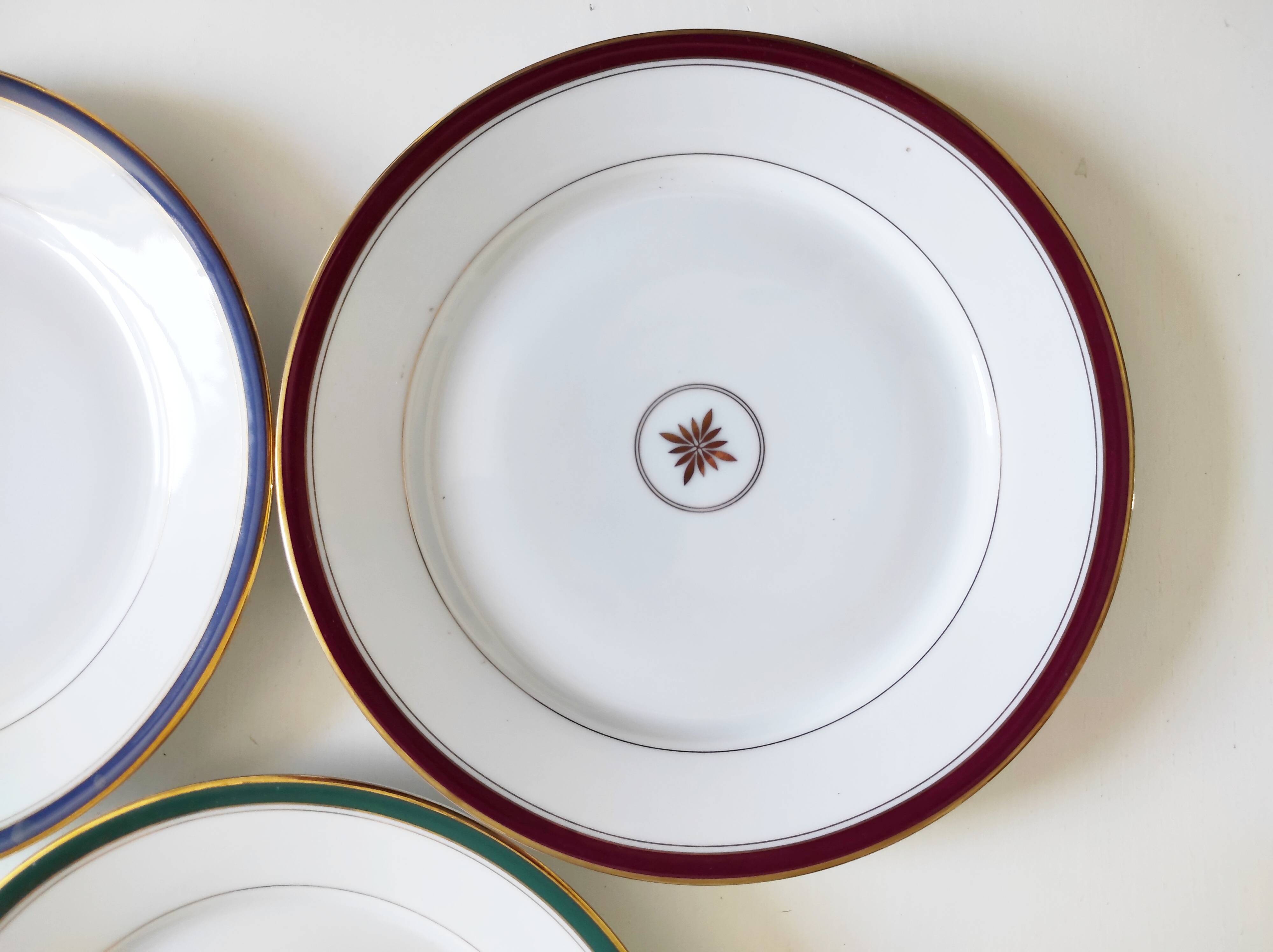Set of 3 dessert plates Limoges green burgundy blue