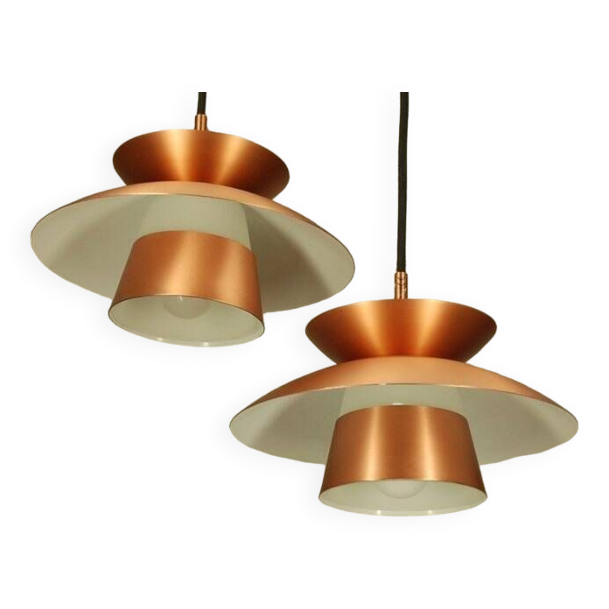 2 Danish pendant lights in copper and glass