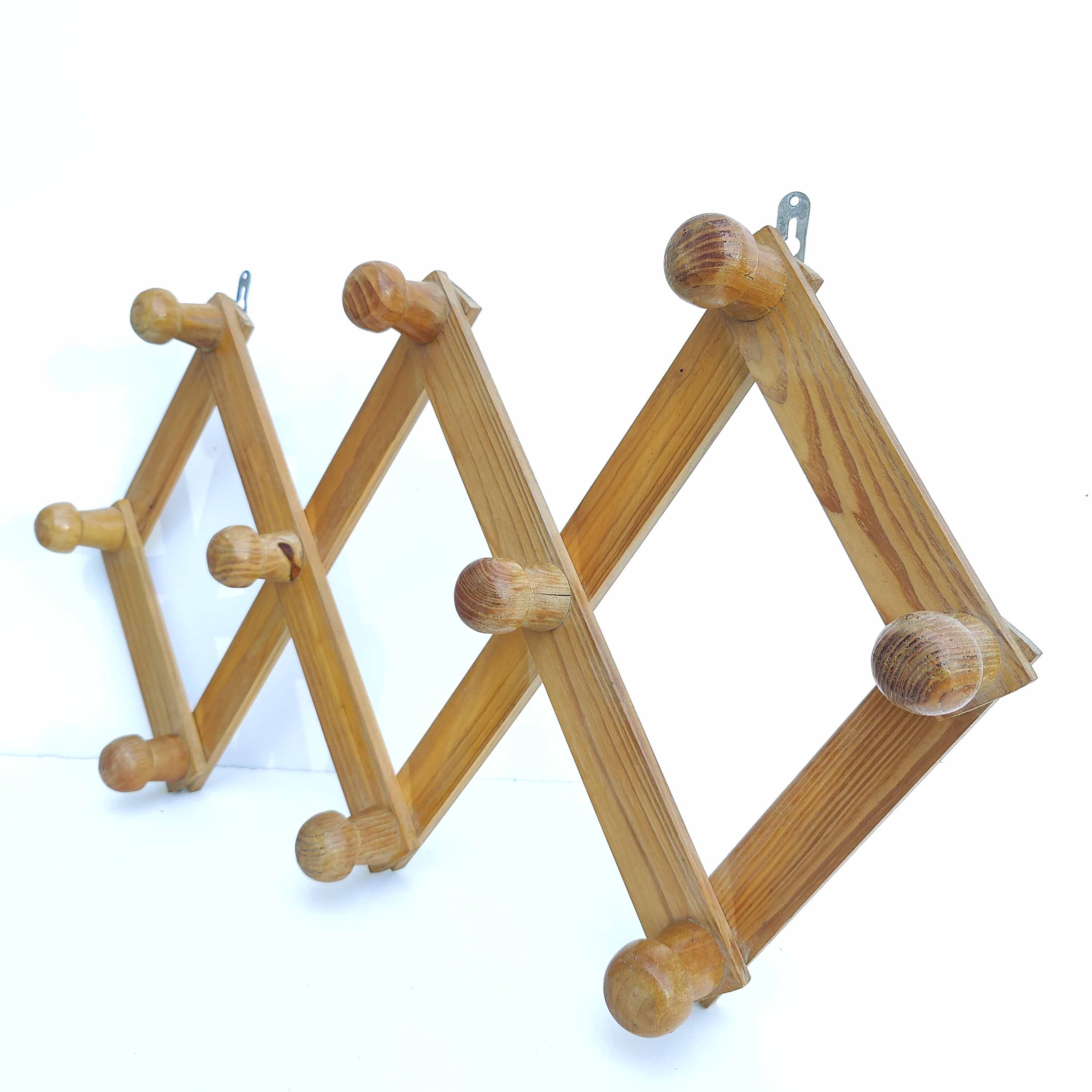 Coat rack accordion vintage light wood 10 hooks