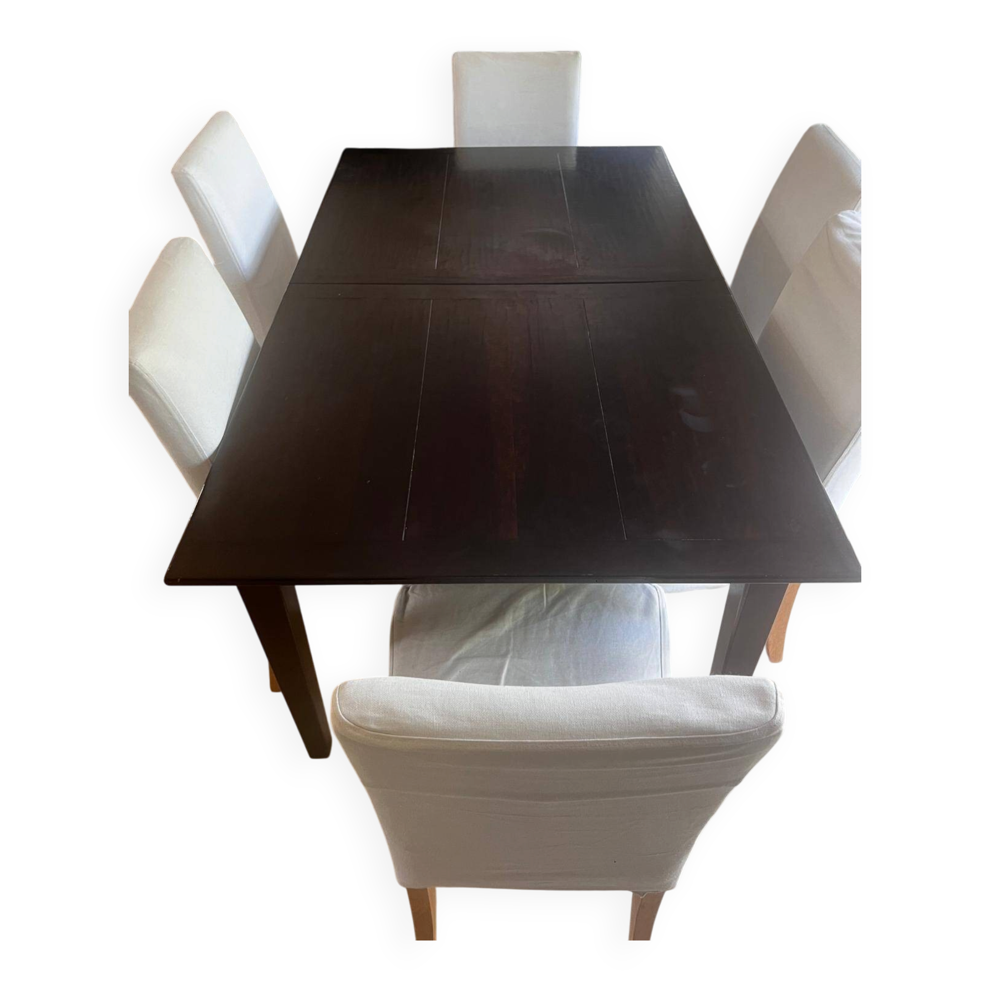 Solid cherry wood dining table, extendable for 8 to 12 people.