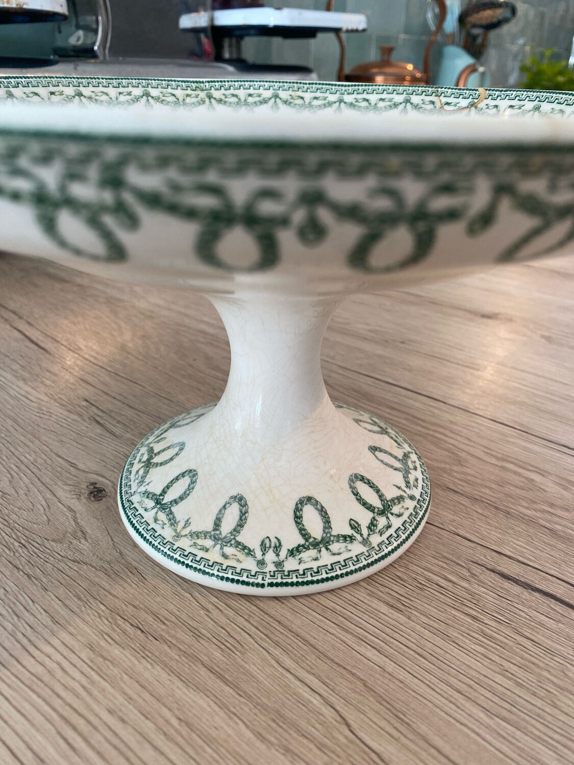 Compotier Belgian faience brand Boch brothers Keramis La Louvière model Bonaparte antique style green fruit cut