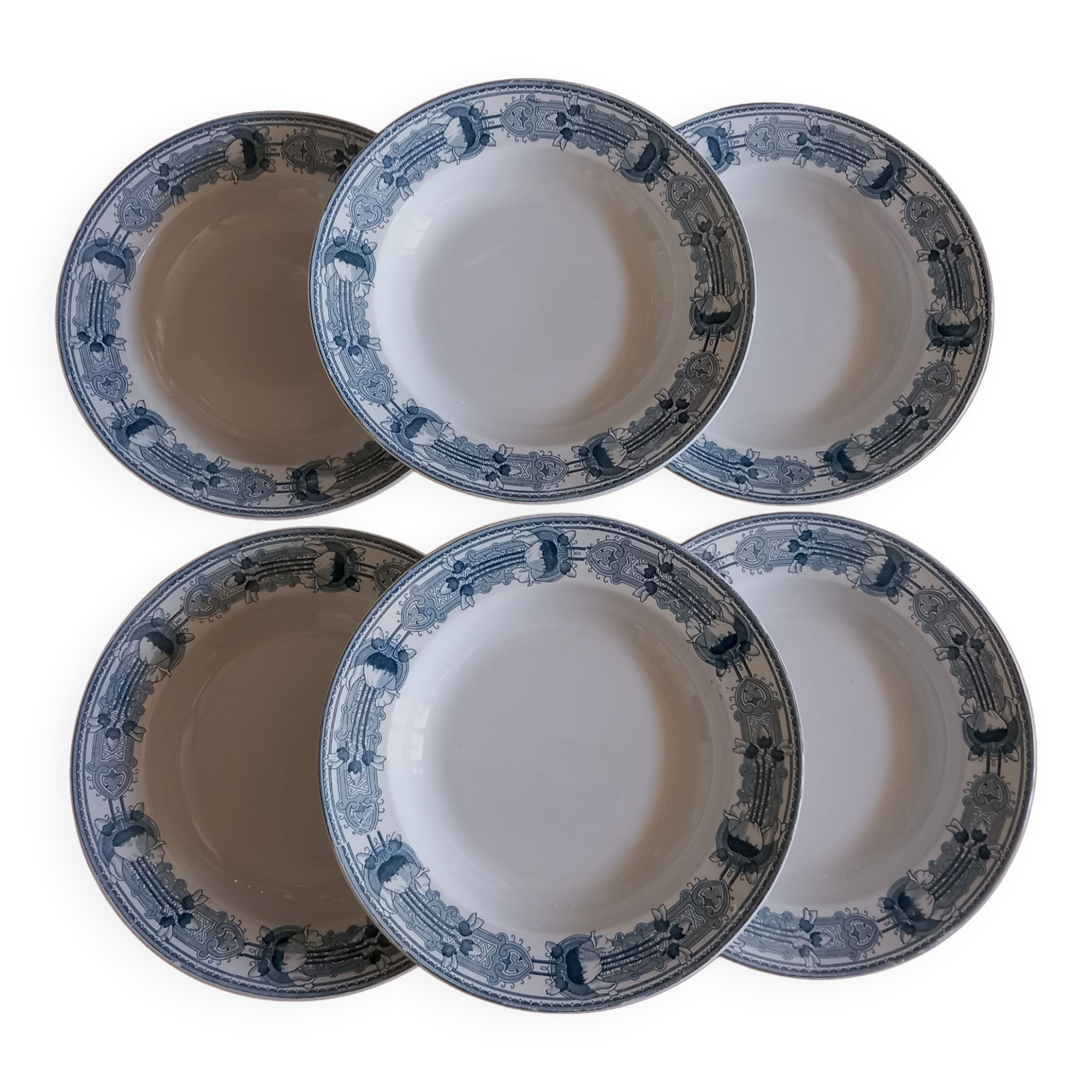 6 old hollow earthenware plates Terre de Fer Massena Creil Montereau (ø 25 cm)