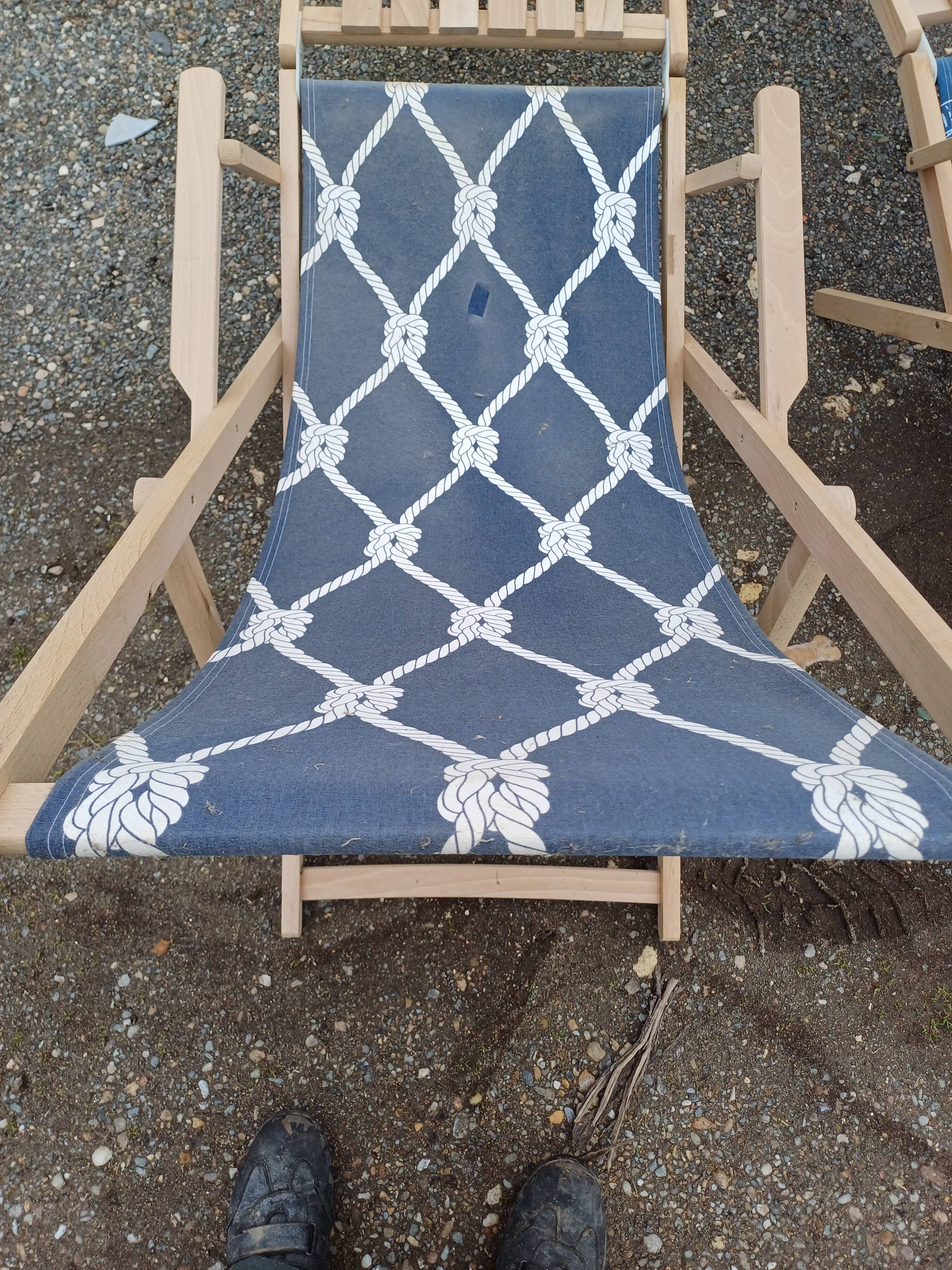 Pair of wood and fabric long chairs