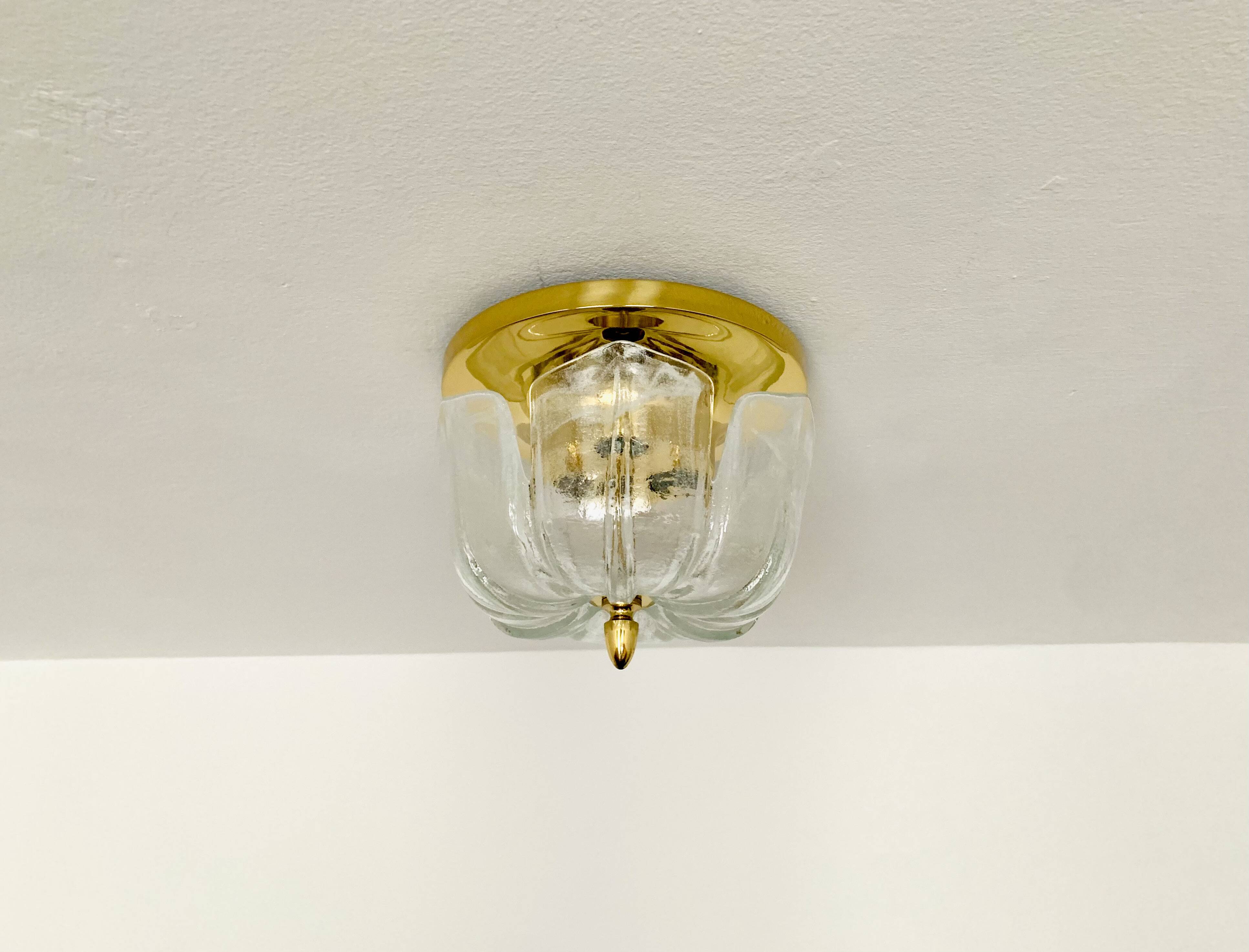 1 of 2 Large Brass and Floral Ice Glass Flush Light by Glashütte Limburg